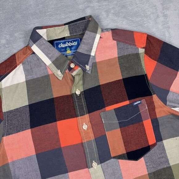 Chubbies Plaid Button Front Flannel Shirt Men's Size Medium Grey Orange Olive - Picture 1 of 6
